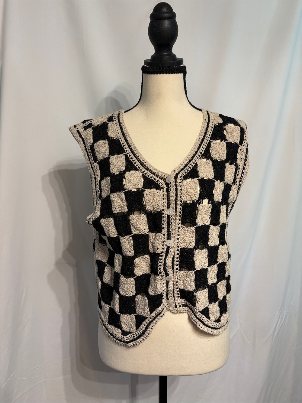 Checkerboard Crochet Vest in Black and Cream